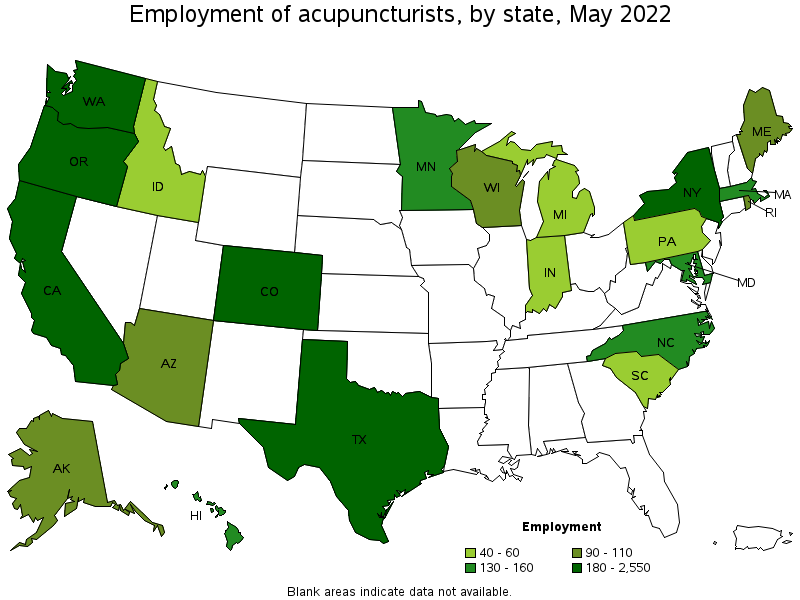Map of employment of acupuncturists by state, May 2022