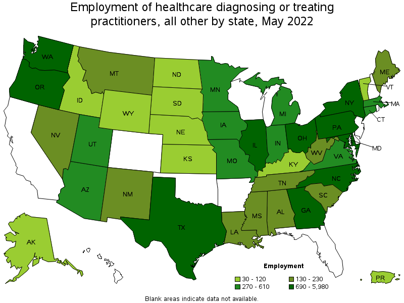 Map of employment of healthcare diagnosing or treating practitioners, all other by state, May 2022