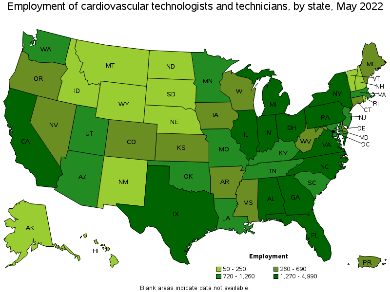 Map of employment of cardiovascular technologists and technicians by state, May 2022