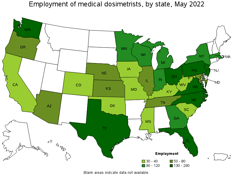 Map of employment of medical dosimetrists by state, May 2022