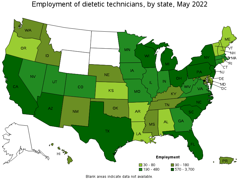Map of employment of dietetic technicians by state, May 2022