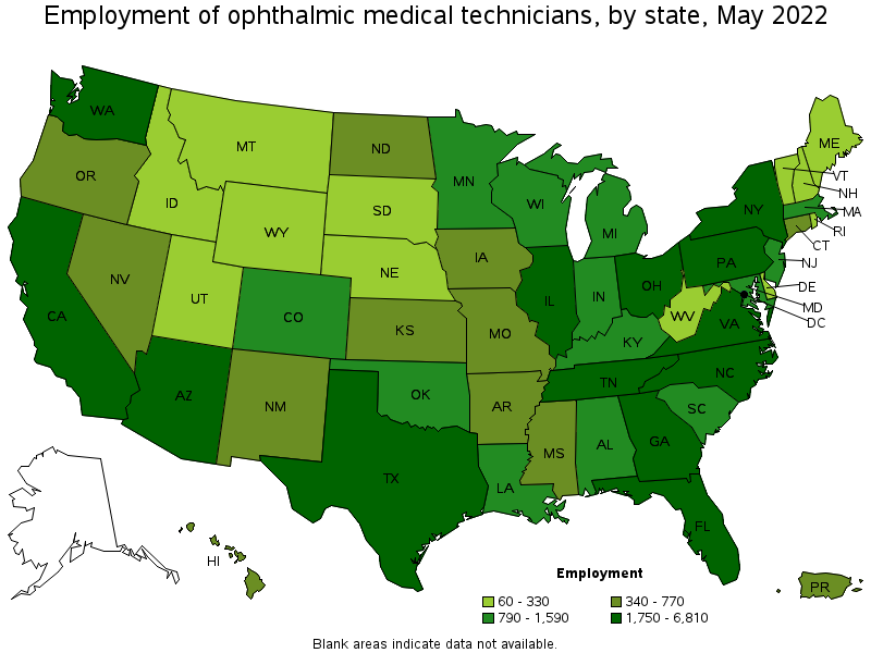 Map of employment of ophthalmic medical technicians by state, May 2022