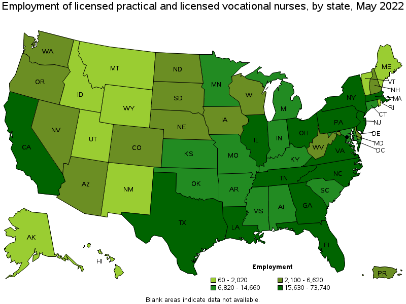 Map of employment of licensed practical and licensed vocational nurses by state, May 2022