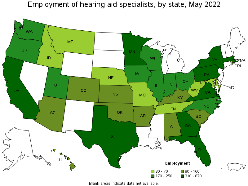 Map of employment of hearing aid specialists by state, May 2022