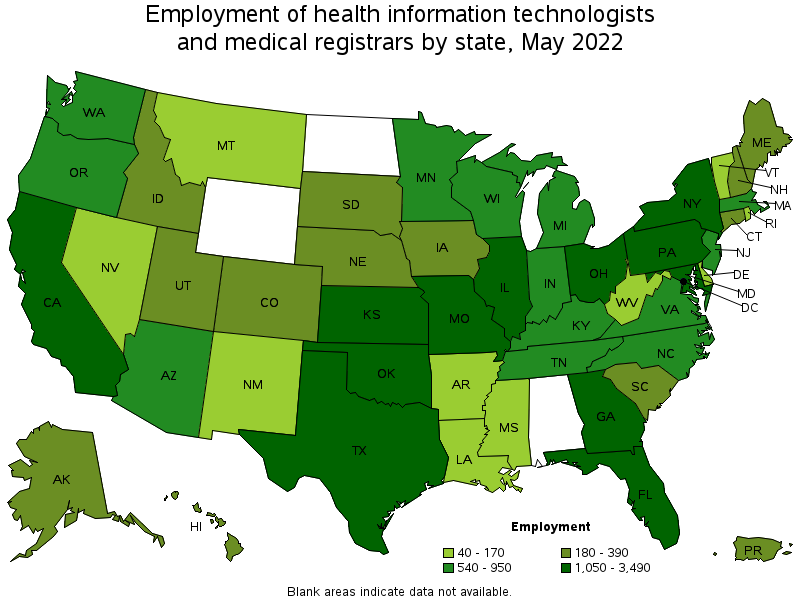 Map of employment of health information technologists and medical registrars by state, May 2022