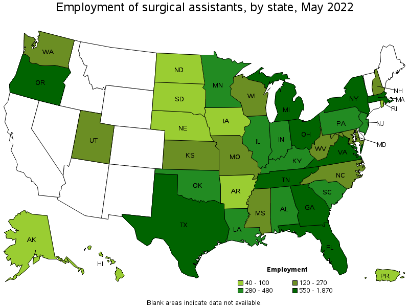 Map of employment of surgical assistants by state, May 2022
