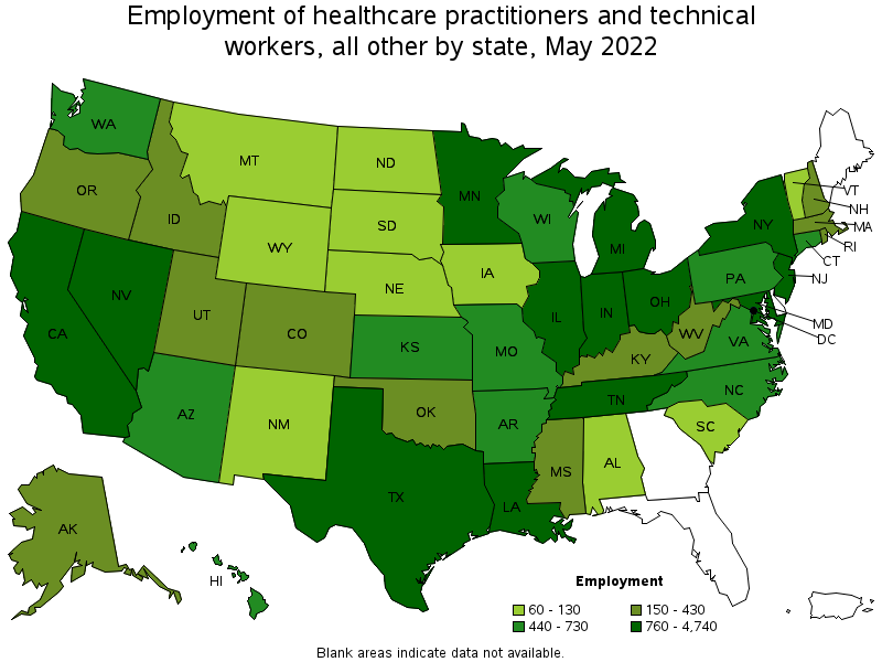 Map of employment of healthcare practitioners and technical workers, all other by state, May 2022