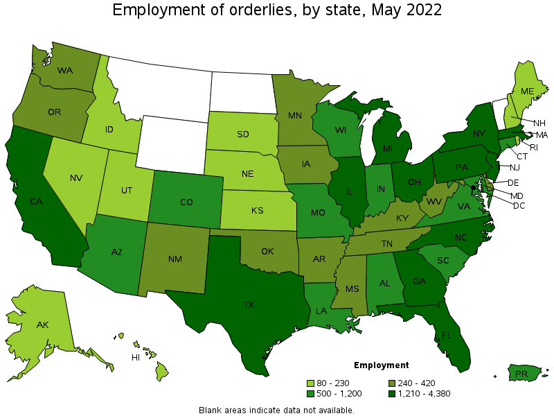 Map of employment of orderlies by state, May 2022