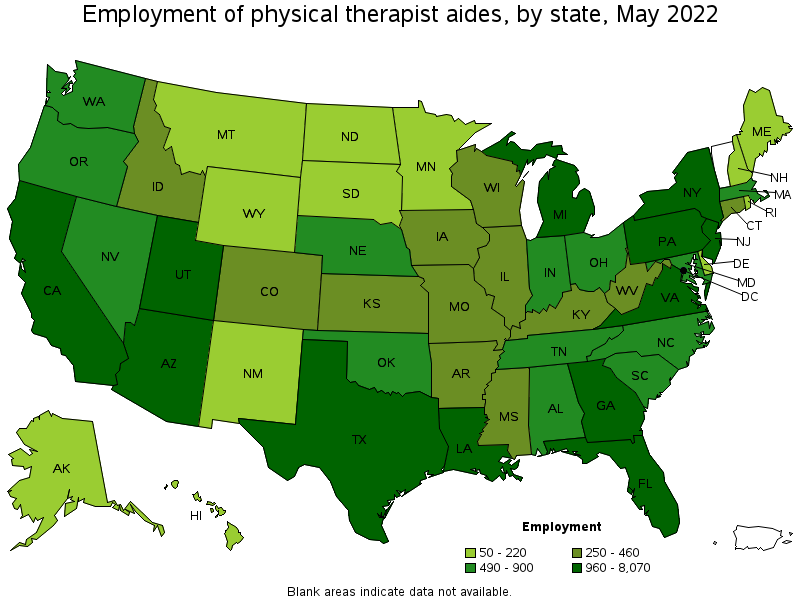 Map of employment of physical therapist aides by state, May 2022