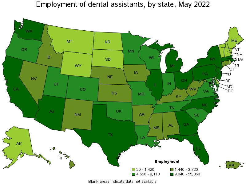 Map of employment of dental assistants by state, May 2022