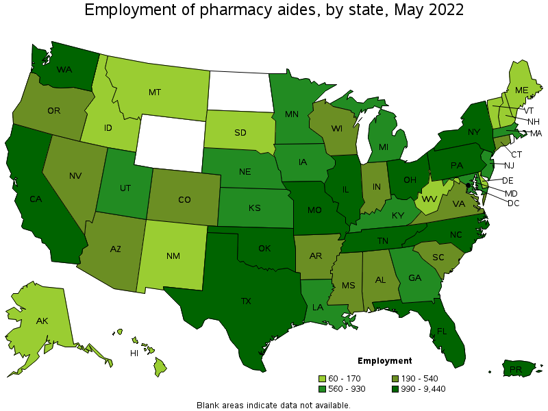 Map of employment of pharmacy aides by state, May 2022