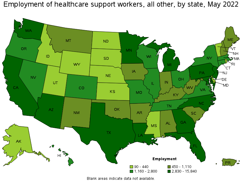 Map of employment of healthcare support workers, all other by state, May 2022