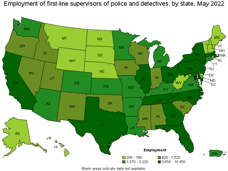 Map of employment of first-line supervisors of police and detectives by state, May 2022