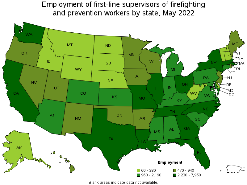Map of employment of first-line supervisors of firefighting and prevention workers by state, May 2022