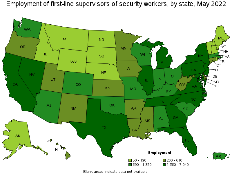 Map of employment of first-line supervisors of security workers by state, May 2022