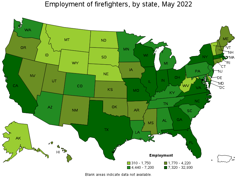Map of employment of firefighters by state, May 2022