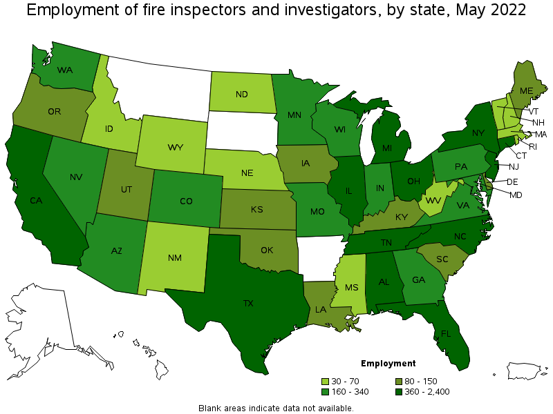 Map of employment of fire inspectors and investigators by state, May 2022