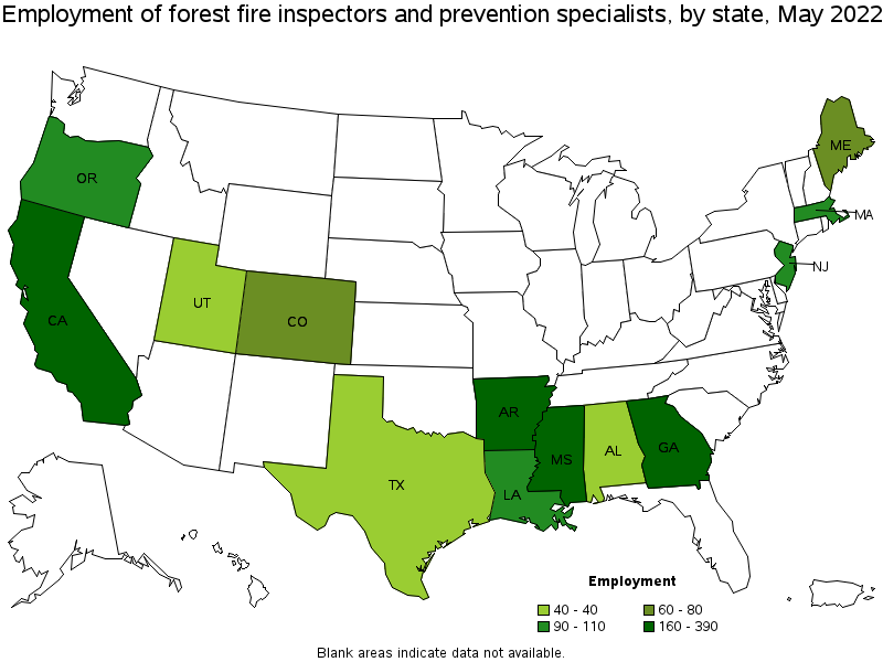 Map of employment of forest fire inspectors and prevention specialists by state, May 2022
