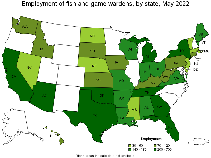 Map of employment of fish and game wardens by state, May 2022