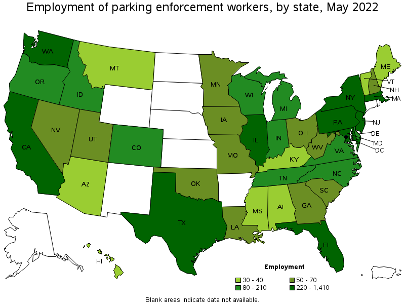 Map of employment of parking enforcement workers by state, May 2022