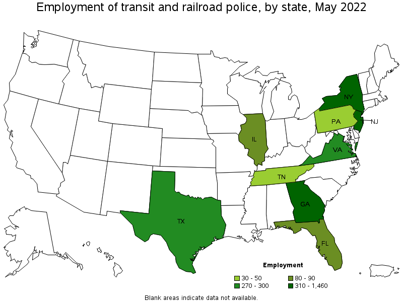 Map of employment of transit and railroad police by state, May 2022