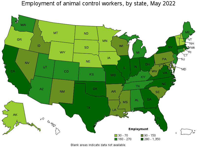 Map of employment of animal control workers by state, May 2022