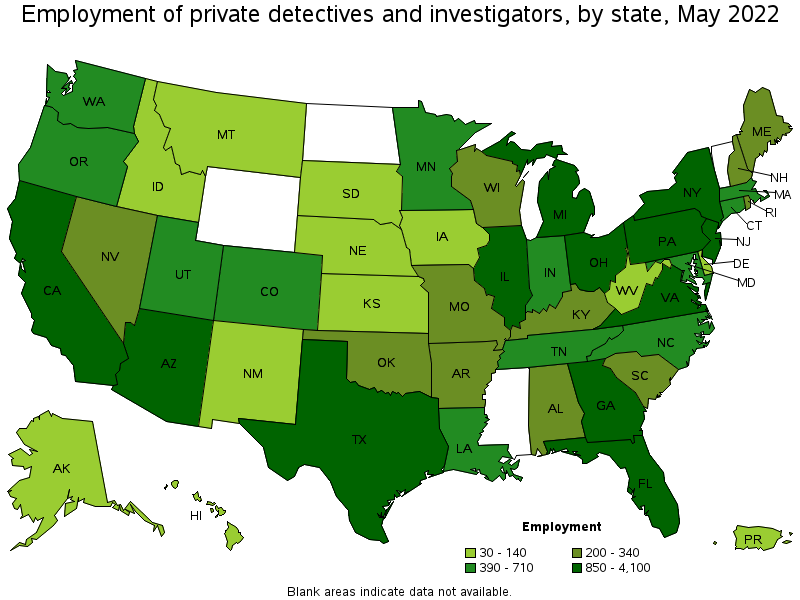 Map of employment of private detectives and investigators by state, May 2022