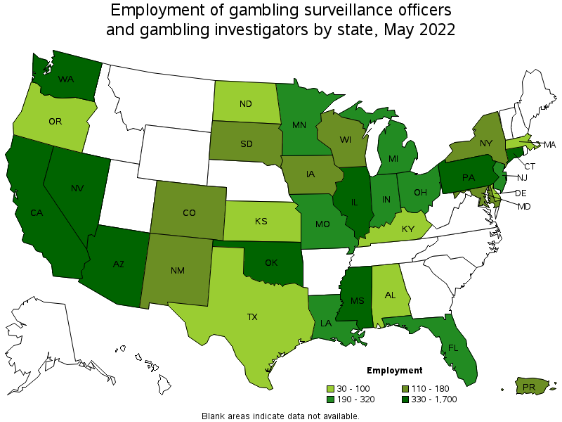 Map of employment of gambling surveillance officers and gambling investigators by state, May 2022