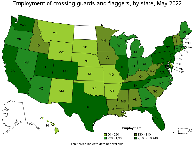 Map of employment of crossing guards and flaggers by state, May 2022