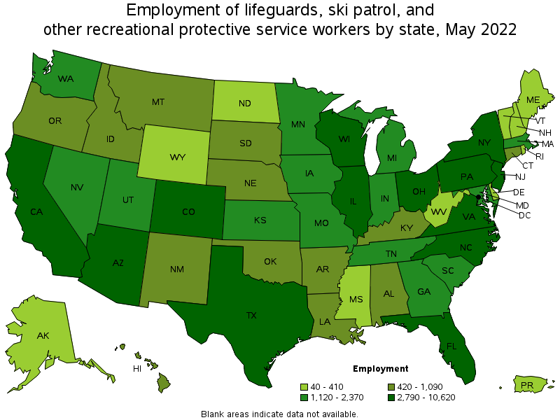Map of employment of lifeguards, ski patrol, and other recreational protective service workers by state, May 2022