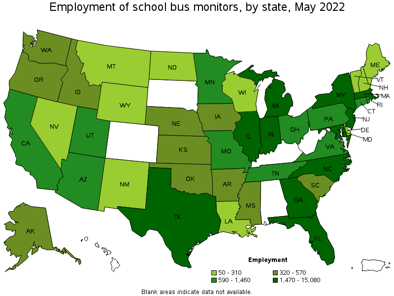 Map of employment of school bus monitors by state, May 2022