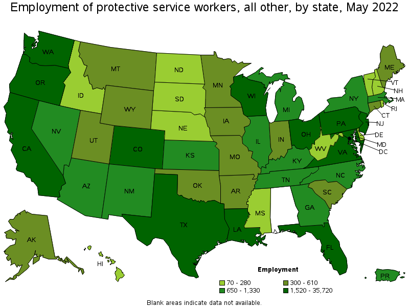 Map of employment of protective service workers, all other by state, May 2022