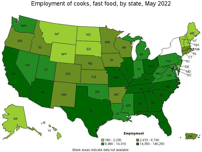 Map of employment of cooks, fast food by state, May 2022
