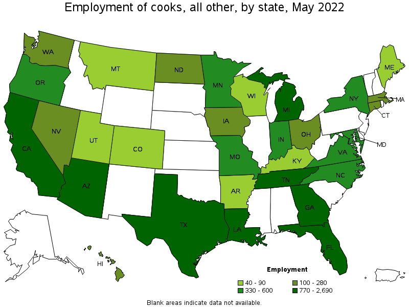 Map of employment of cooks, all other by state, May 2022