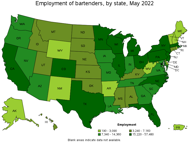Map of employment of bartenders by state, May 2022