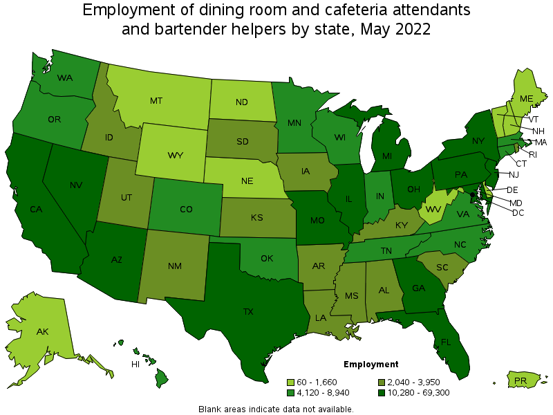 Map of employment of dining room and cafeteria attendants and bartender helpers by state, May 2022