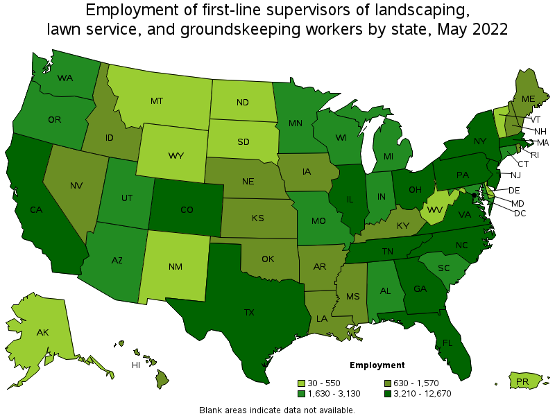 Map of employment of first-line supervisors of landscaping, lawn service, and groundskeeping workers by state, May 2022