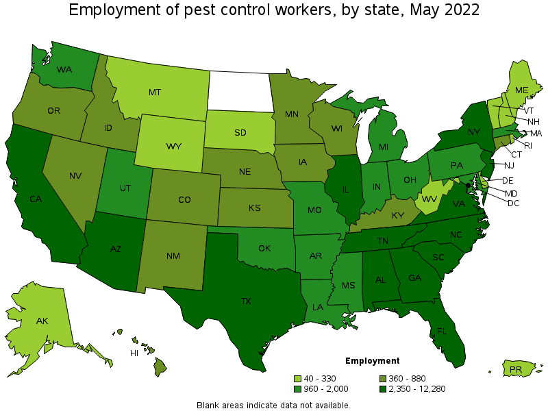 Map of employment of pest control workers by state, May 2022