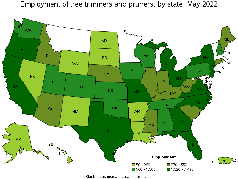 Map of employment of tree trimmers and pruners by state, May 2022
