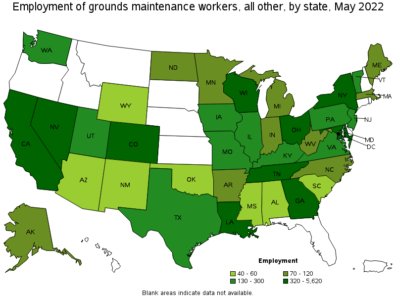 Map of employment of grounds maintenance workers, all other by state, May 2022