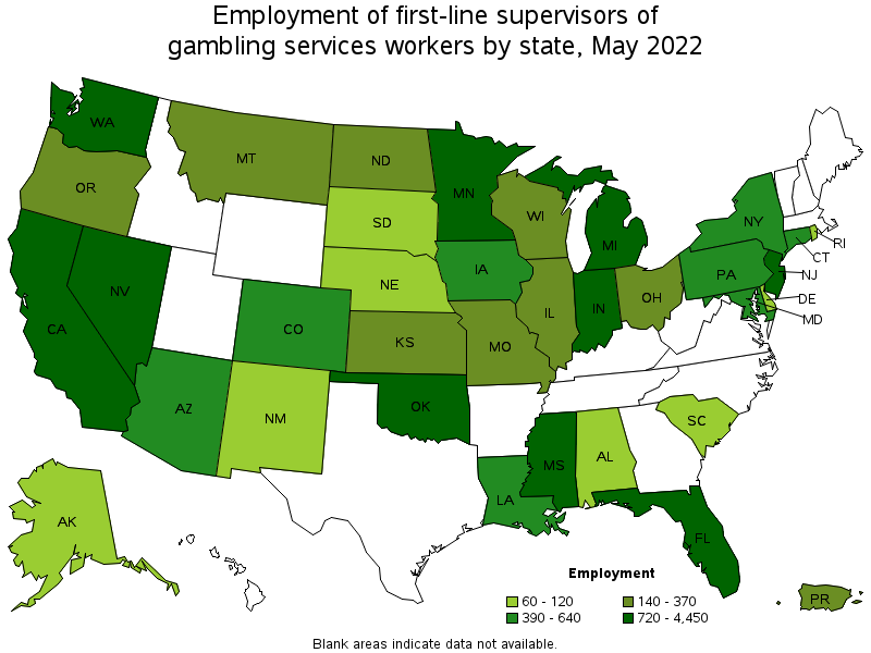 Map of employment of first-line supervisors of gambling services workers by state, May 2022
