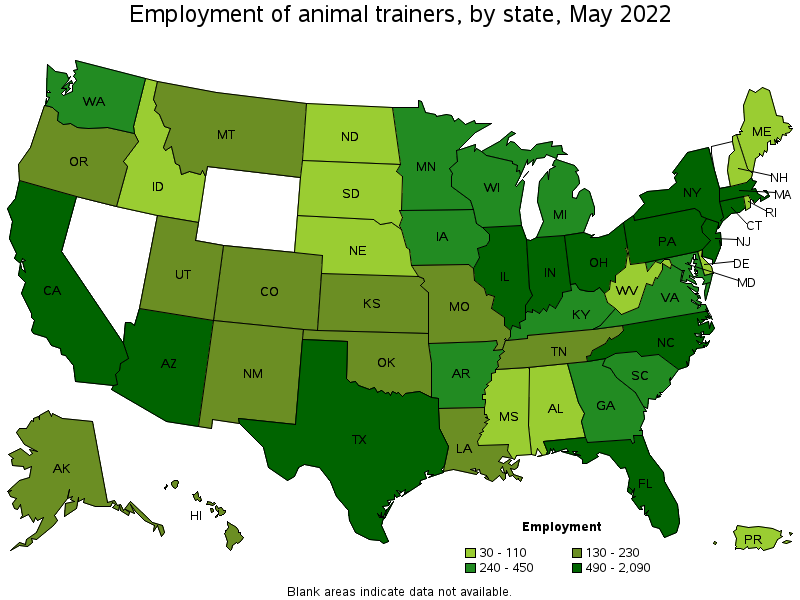 Map of employment of animal trainers by state, May 2022
