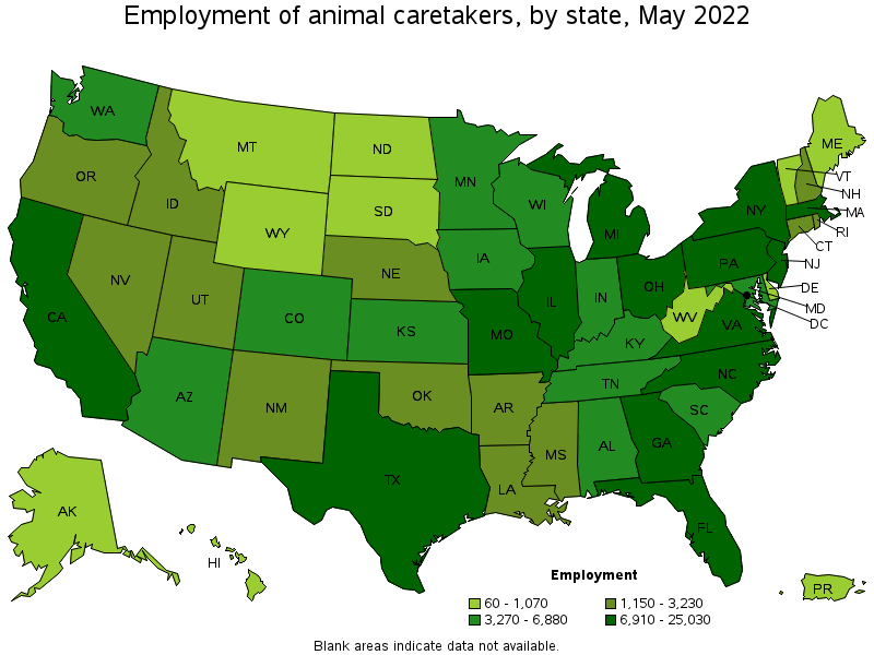Map of employment of animal caretakers by state, May 2022