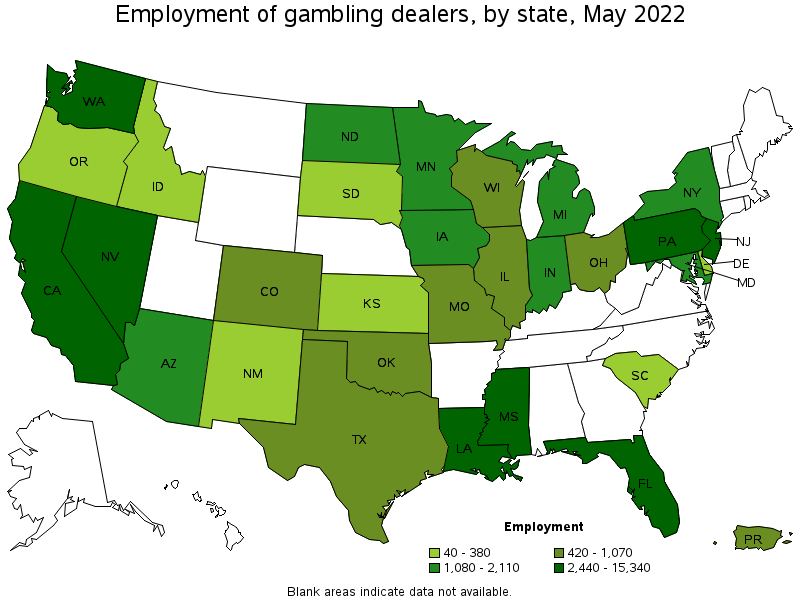 Map of employment of gambling dealers by state, May 2022