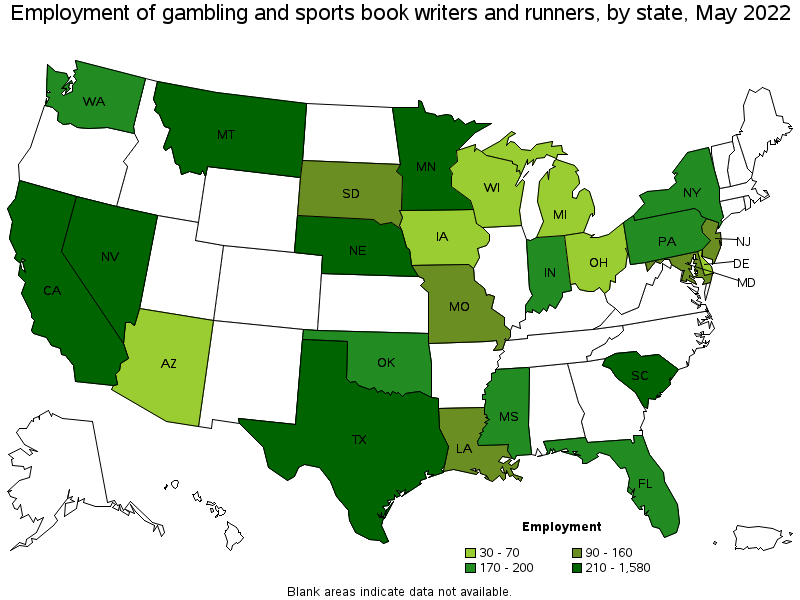 Map of employment of gambling and sports book writers and runners by state, May 2022