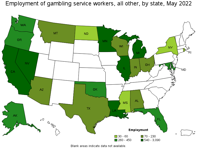 Map of employment of gambling service workers, all other by state, May 2022