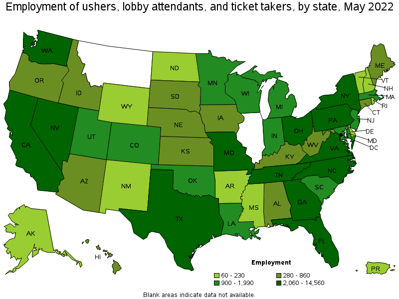 Map of employment of ushers, lobby attendants, and ticket takers by state, May 2022