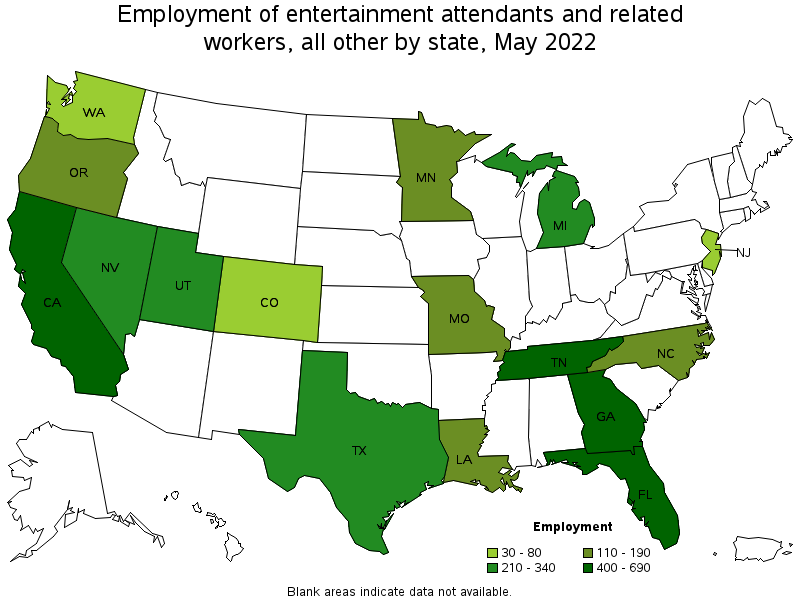 Map of employment of entertainment attendants and related workers, all other by state, May 2022