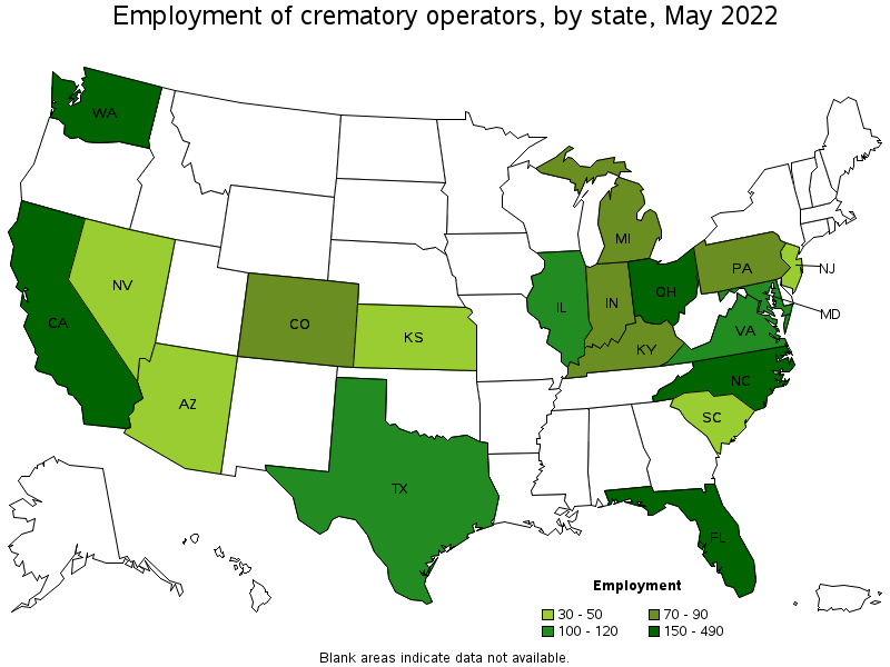 Map of employment of crematory operators by state, May 2022