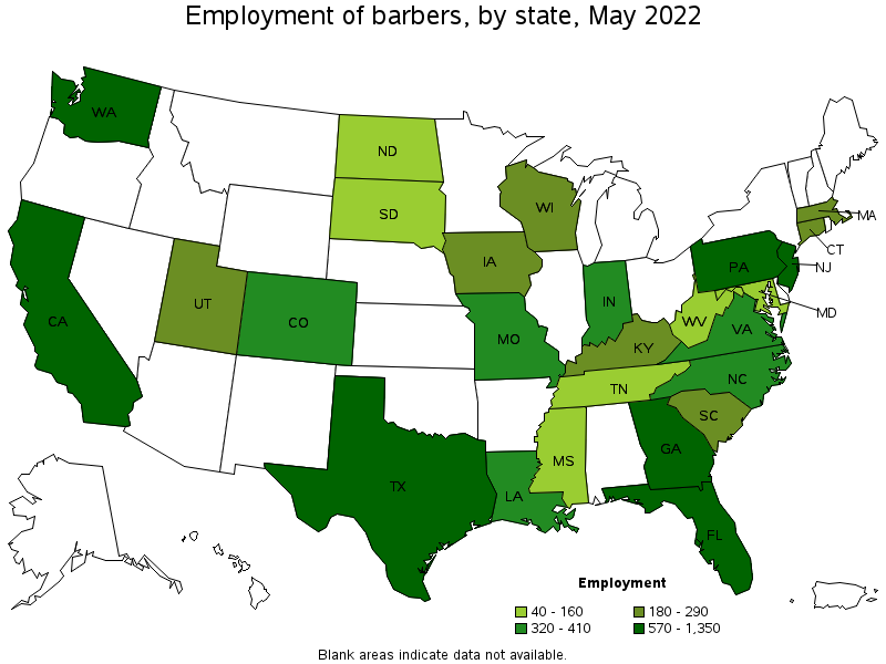 Map of employment of barbers by state, May 2022